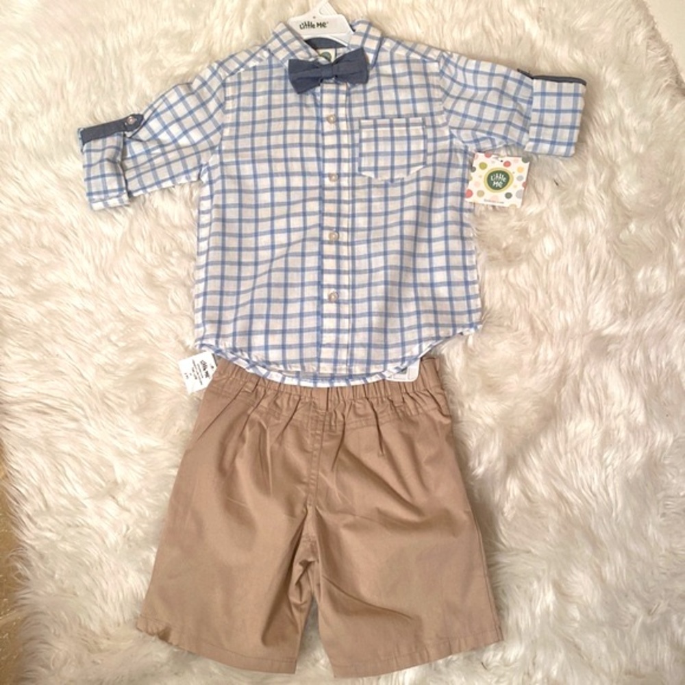LITTLE ME Boy 2-Piece Roll Up Tab Sleeve Short Set Tan Blue Bow Tie Size 3T NEW